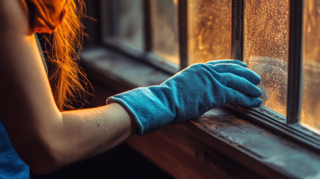 A woman cleaning a dusty windowsill with gloves and a damp cloth to prevent airborne germs.の素材