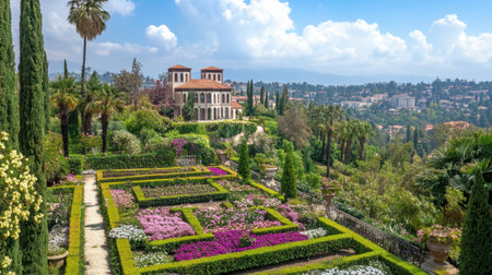 Rows of manicured hedges and flower beds creating an elegant French-style garden, with a villa in the background.の素材