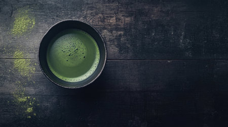 Freshly whisked matcha in a traditional bowl, placed on a dark wooden surface with ample space for text.の素材