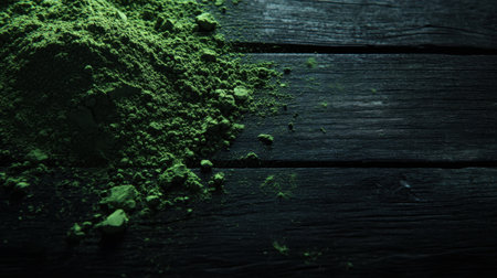 Close-up of matcha powder scattered artistically on a dark wooden table, with ample space for text.の素材