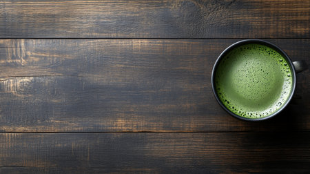 Freshly brewed matcha tea in a cup on a dark wooden table, with room for text space for promotional purposes.の素材