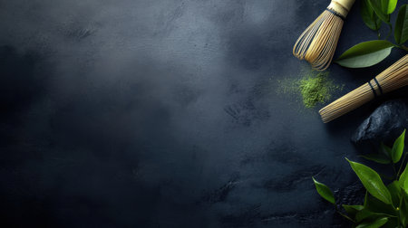 Dark wooden surface with a bamboo whisk and matcha powder, leaving room for text in a sleek layout.の素材