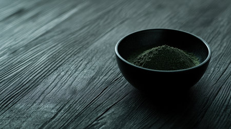 Pure matcha powder neatly placed on dark wood with space left for textual branding.の素材