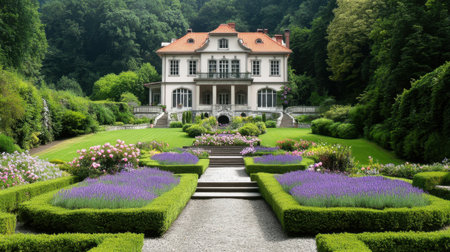 Ornamental flower beds with roses and lavender in a formal French-style garden, with a beautiful home as the backdrop.の素材