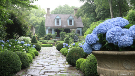 Topiary designs and blooming hydrangeas lining a stone pathway in a garden with a French-style home in the background.の素材