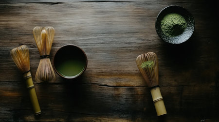 Dark wooden surface with a bamboo whisk and matcha powder, leaving room for text in a sleek layout.の素材