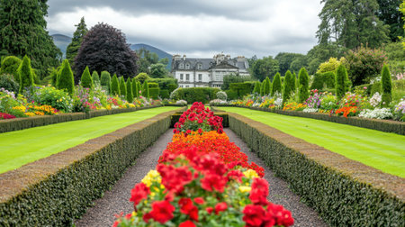 Rows of manicured hedges and flower beds creating an elegant French-style garden, with a villa in the background.の素材