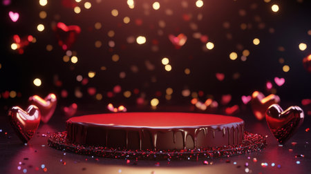 Valentine's Day digital art with a round red chocolate-patterned stage, hearts on either side, and a glitter gradient background.の素材