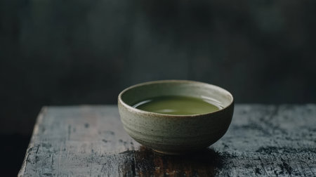 Close-up of matcha in a ceramic bowl with a dark wooden background, with room for adding text in the empty space.の素材