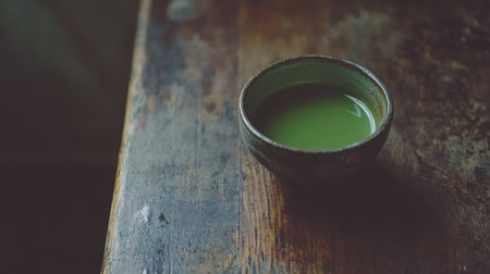 Close-up of matcha powder in a small bowl, set on a dark wooden surface with room for adding text.の素材