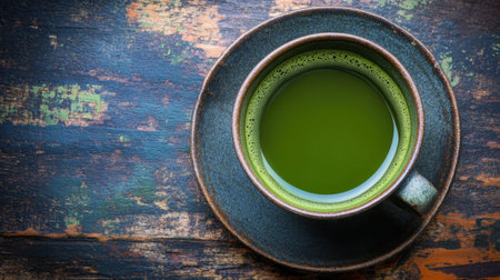 Freshly brewed matcha tea in a cup on a dark wooden table, with room for text space for promotional purposes.の素材