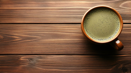 Freshly brewed matcha tea in a cup on a dark wooden table, with room for text space for promotional purposes.の素材