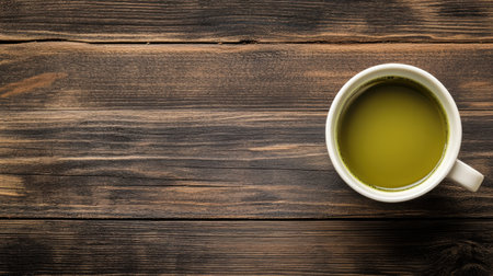 Fresh matcha tea in a simple cup on dark wood, with a background ready for advertising text.の素材