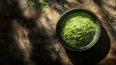 Freshly whisked matcha in a traditional bowl, placed on a dark wooden surface with ample space for text.の素材