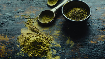 Matcha powder artistically placed on a dark wooden surface with text space left for creative copy.の素材