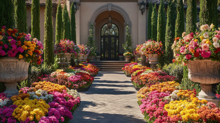 Vibrant flower beds and ornate stone planters arranged symmetrically in a French garden beside a chateau-inspired home.の素材