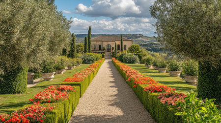 Vibrant flowers and geometric hedges leading to a cozy French villa, surrounded by lush greenery.の素材