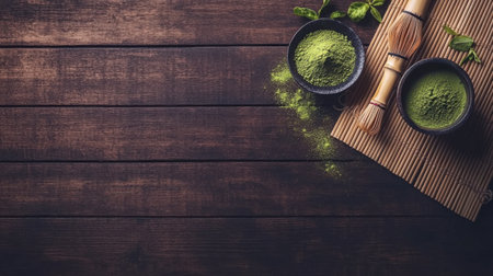 Dark wooden surface with a bamboo whisk and matcha powder, leaving room for text in a sleek layout.の素材
