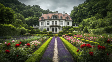 Ornamental flower beds with roses and lavender in a formal French-style garden, with a beautiful home as the backdrop.の素材