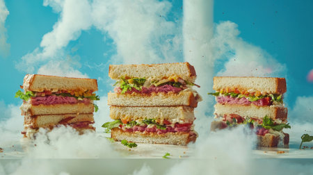 A creative depiction of vibrant sandwich stacks against a whimsical cloud backdrop. This visual captures the essence of fun and flavor in food photography, inviting appetites.の素材
