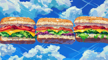 This vibrant illustration features three delicious hamburgers set against a bright blue sky with fluffy clouds, showcasing fresh ingredients and artistic appeal.の素材