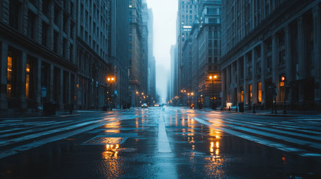 A fog-drenched urban street scene captures a moment of stillness, where reflections shimmer on wet asphalt. The towering buildings create an atmosphere of solitude and calm.の素材
