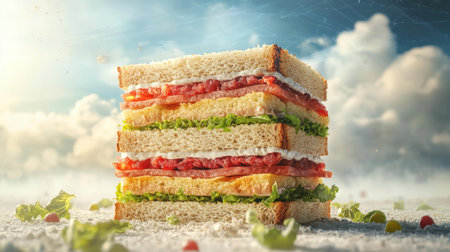 A visually appealing multi-layered sandwich made with fresh vegetables, meats, and sauces. The vibrant colors and careful arrangement make it a perfect choice for any meal or snack.の素材