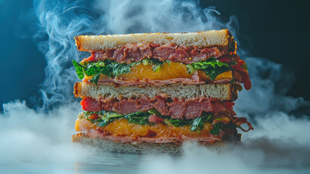 This striking gourmet sandwich showcases vibrant layers of fresh ingredients and savory meats, all accented by wisps of smoke for a dramatic touch.の素材