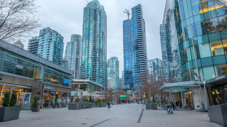A stunning urban landscape featuring skyscrapers and modern architecture in Vancouver. The image captures a vibrant city environment with pedestrians enjoying the surroundings.の素材