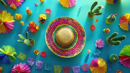 Explore a vibrant scene featuring a traditional sombrero, colorful flowers, and playful cacti arranged artfully on a bright blue background, perfect for festive occasions.の素材