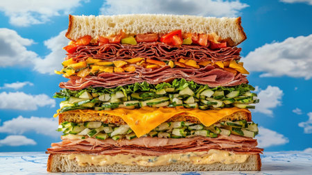 A visually striking layered sandwich featuring fresh vegetables and meats, set against a bright blue sky, perfect for showcasing culinary creativity and deliciousness.の素材