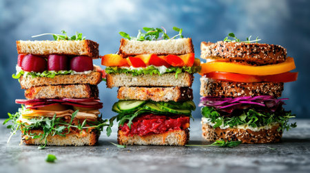 Fresh and vibrant vegetable sandwich stacks showcase an array of ingredients. Perfect for healthy meals, picnics, or catering, these colorful delights provide a tasty dining experience.の素材