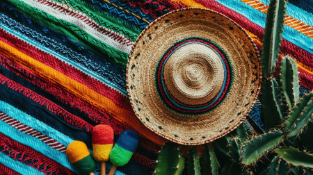 Discover a vibrant composition featuring a sombrero, colorful maracas, and a cactus, set against an eye-catching textile background, perfect for celebrating Mexican culture.の素材