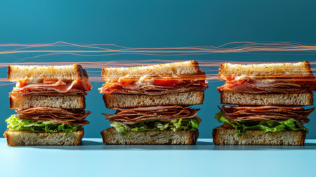 A vibrant display of stacked sandwiches featuring layers of cheese, fresh lettuce, and juicy meat, showcasing an appetizing food arrangement ideal for food photography.の素材