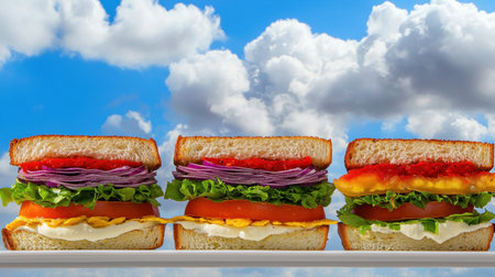 Three vibrant sandwiches stacked with fresh ingredients against a bright, cloudy sky. Perfect for summer picnics or outdoor dining, showcasing healthy choices.の素材