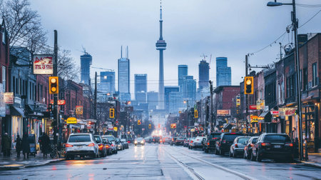 A vibrant urban street scene showcasing the Toronto skyline on a rainy day, with cars lining the street and city buildings rising in the background.の素材