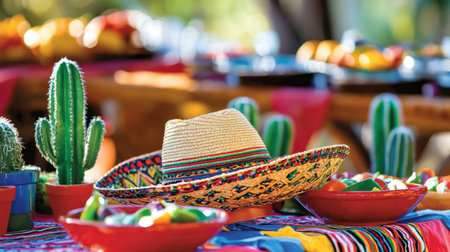 A vibrant and colorful setting for a Mexican fiesta features a traditional sombrero, cacti, and fruit, creating a joyful atmosphere perfect for celebrations.の素材