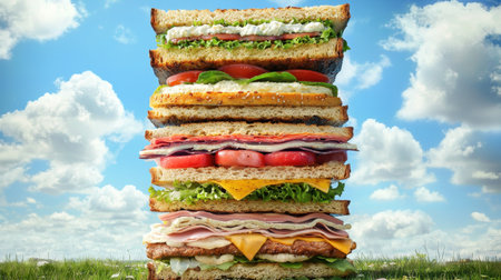 A towering stack of vibrant sandwiches filled with various ingredients creates an eye-catching food display. Perfect for showcasing delicious meal ideas.の素材