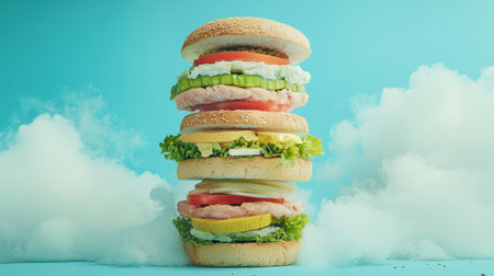 A visually appealing stack of colorful burgers featuring fresh ingredients like lettuce, tomato, and cucumber. The playful arrangement highlights culinary creativity against a bright blue background with clouds.の素材