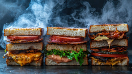 A mouthwatering display of grilled sandwiches featuring layers of meat, cheese, and fresh ingredients. Perfect for culinary enthusiasts and food photography.の素材