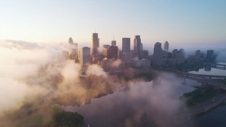 Captivating aerial view of a city skyline emerging from soft morning mist, reflecting on a calm river. A serene blend of urban and natural beauty.の素材