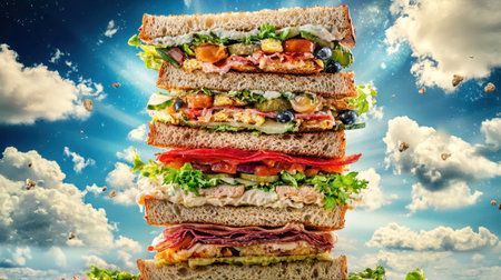 A towering sandwich showcasing colorful layers of fresh ingredients against a dramatic sky. Perfect for food lovers, catering, and culinary presentations.の素材