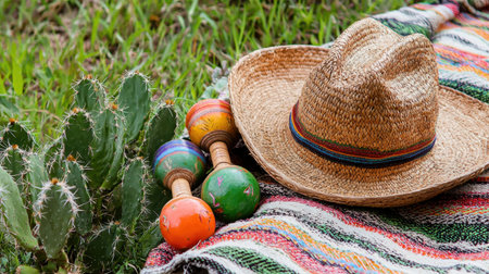 A rustic straw hat and vibrant maracas lay on a colorful blanket beside green cacti, capturing the essence of traditional culture and leisure in nature.の素材