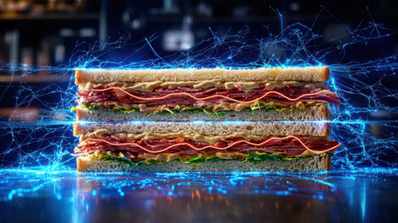 A visually striking sandwich featuring fresh ingredients and vibrant electric effects, blending culinary art with modern digital aesthetics. Perfect for food photography.の素材