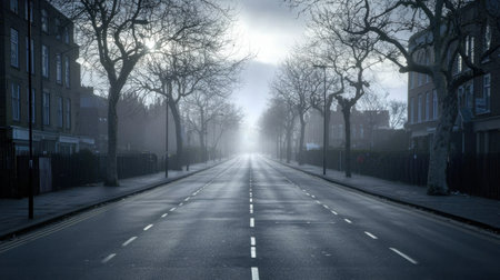 A serene urban street shrouded in mist offers a peaceful atmosphere. Bare trees line the empty road, creating a tranquil scene perfect for contemplative moments.の素材