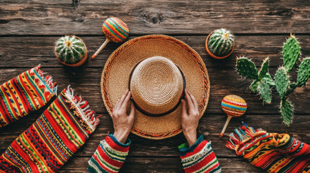A vibrant flat lay featuring a colorful sombrero and maracas on a rustic wooden table, surrounded by cacti and traditional textiles, capturing the essence of Mexican culture and celebration.の素材