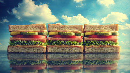 A stunning display of fresh sandwiches showcasing colorful ingredients, beautifully reflecting against a dramatic sky, ideal for food-related projects.の素材