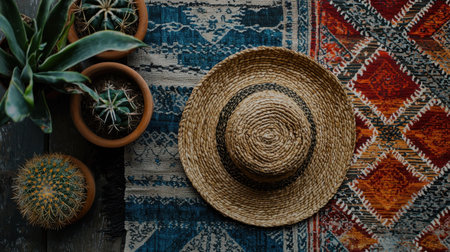 A rustic straw hat placed on a vibrant textile with potted cacti. This serene scene highlights nature, warmth, and bohemian home decor, ideal for summer vibes.の素材