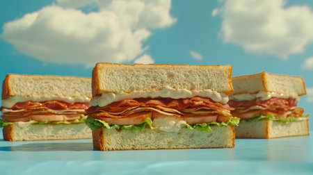 This mouth-watering sandwich features layers of meat, fresh veggies, and creamy mayonnaise, perfect for a hearty lunch or snack enjoyed outdoors.の素材