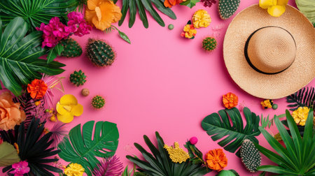 A vibrant tropical arrangement featuring a straw hat and assorted colorful flowers and leaves on a pink background, perfect for summer themes and celebrations.の素材